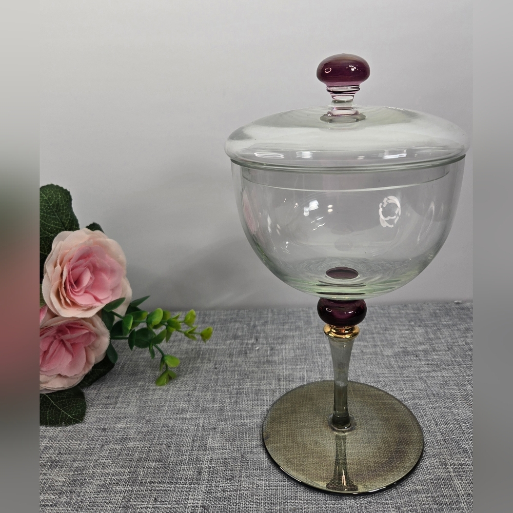 Vintage Lidded Compote Clear Glass Purple and Gold, Round ‎ Covered Candy Dish